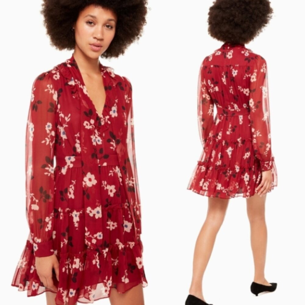 Kate Spade Camelia Deep Russet Red Floral Silk Chiffon Mini Dress Sz 12 NWT